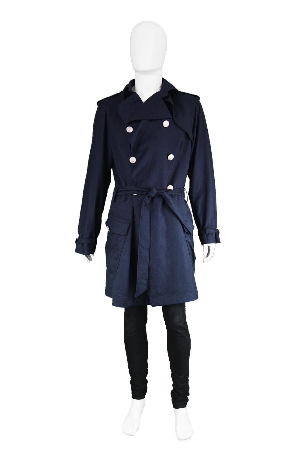 Vivienne Westwood Mens Dark Blue Wool Belted Trenchcoat

Size: Marked EU 50 which is roughly a men's Medium to Large. Please check measurements. 
Chest - 44” / 112cm (allow 2-4