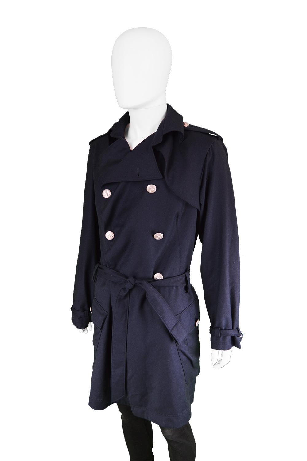 Vivienne Westwood Mens Navy Blue Wool Belted Trench Coat In Good Condition In Doncaster, South Yorkshire