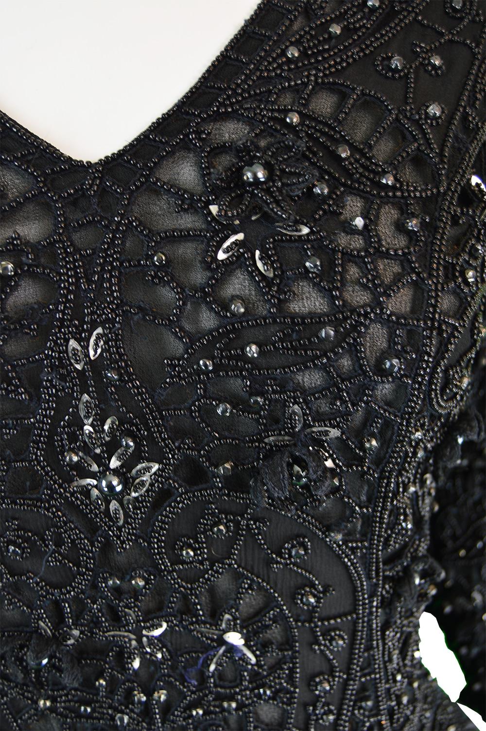 Black Louis Feraud Haute Couture Heavily Hand Beaded Vintage Evening Dress, 1980s