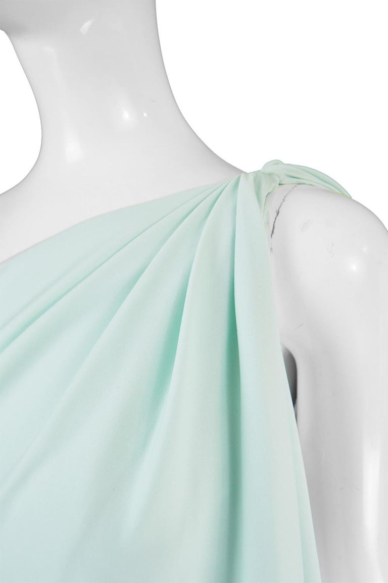1970s Halston One Shoulder Jersey Green Dress