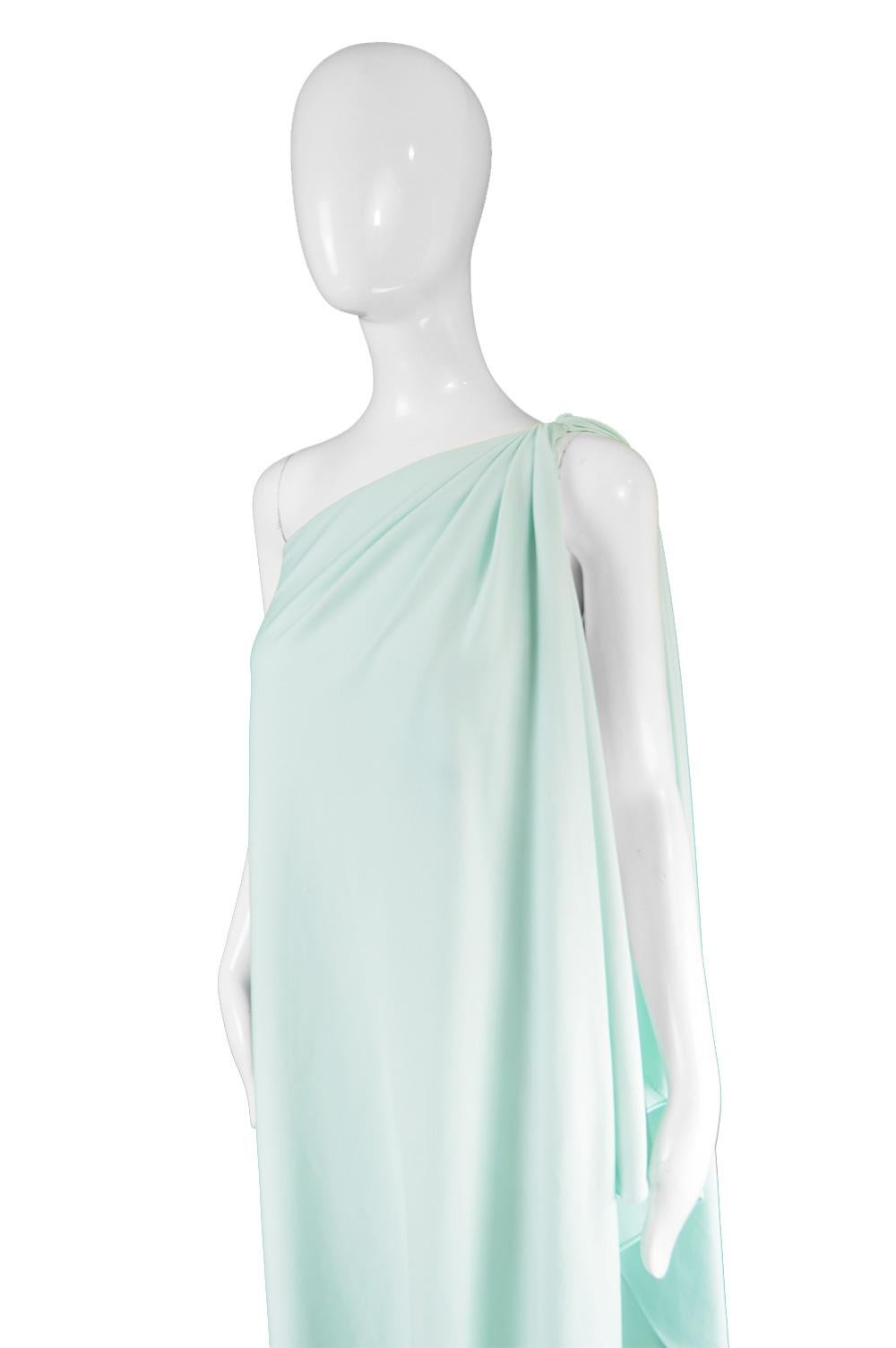 Halston Vintage Mint Green Draped Grecian One Shoulder Jersey Dress, 1970s (Grau)