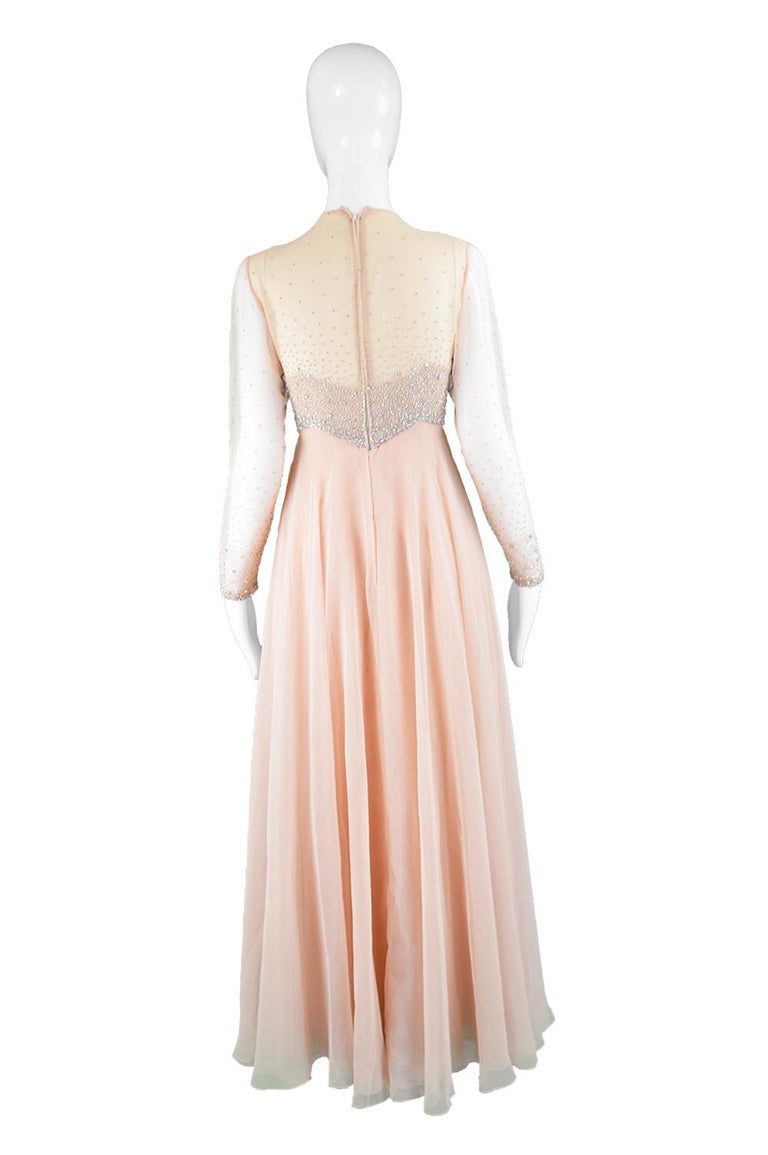 Victoria Royal Vintage Hong Kong Hand Beaded Peach Chiffon Evening Gown
