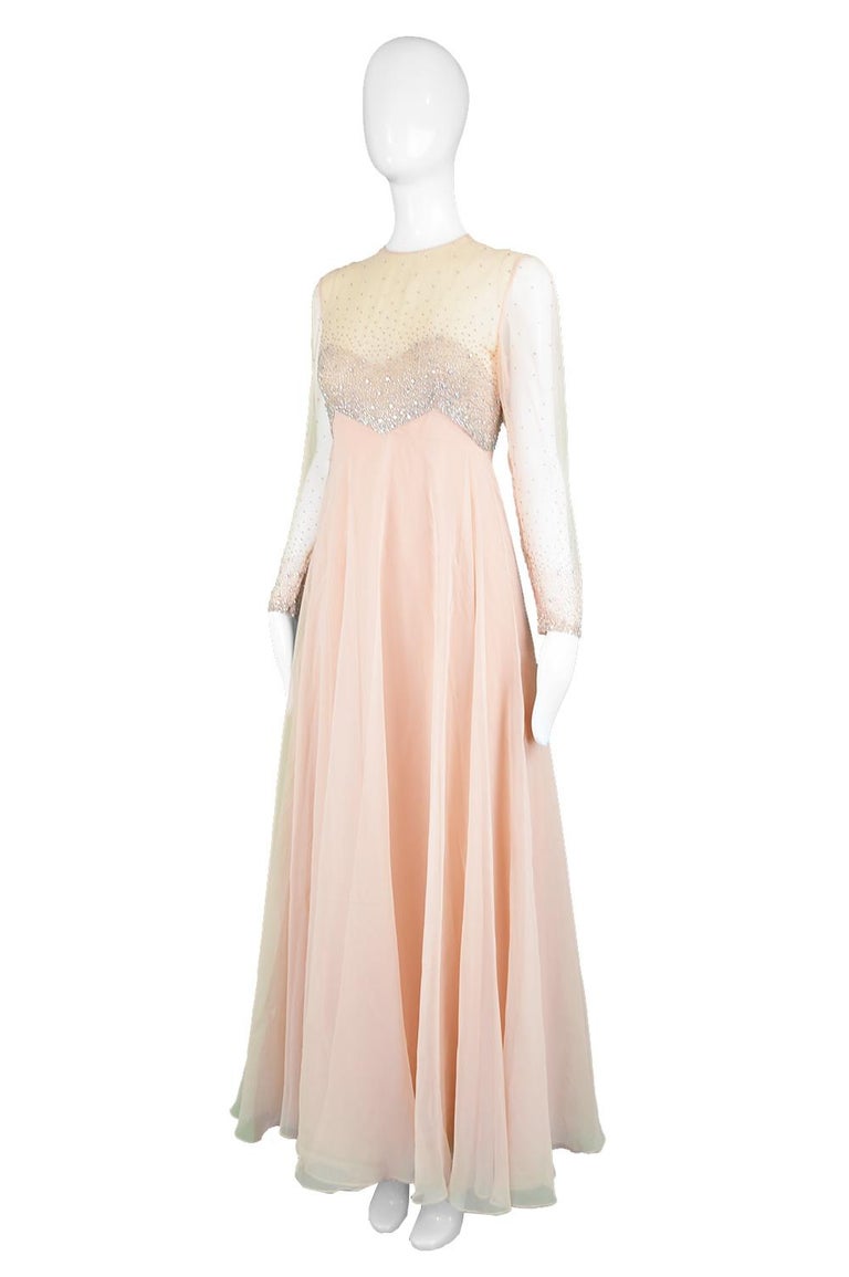 Victoria Royal Vintage Hong Kong Hand Beaded Peach Chiffon Evening Gown