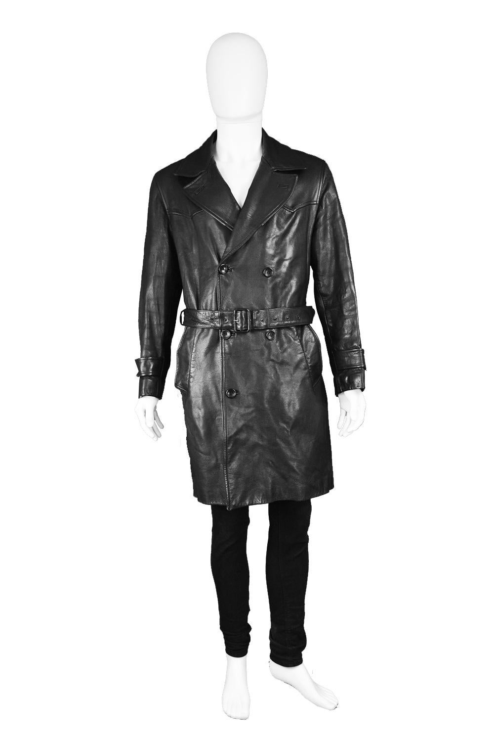 Kenzo Vintage Men's Black Goat Leather Vintage Belted Trenchcoat, 1980s

Size: Marked M but this gives a loose fit and would also suit a Large. Please check measurements. 
Chest - 46” / 117cm (allow a few inches room for movement and clothes