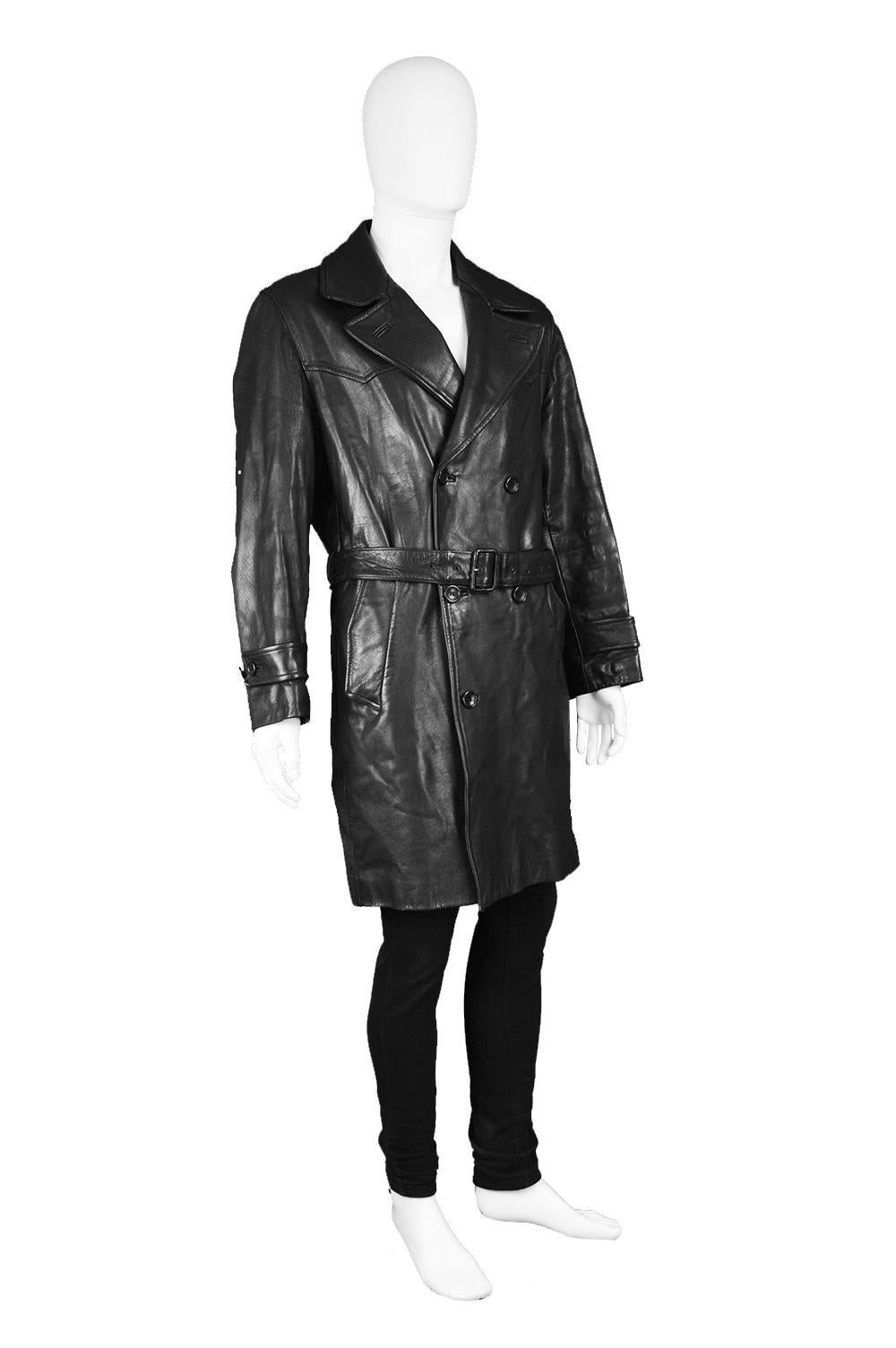 Kenzo Vintage Men's Black Goat Leather Vintage Belted Jacket Trench Coat, 1980s In Good Condition For Sale In Doncaster, South Yorkshire