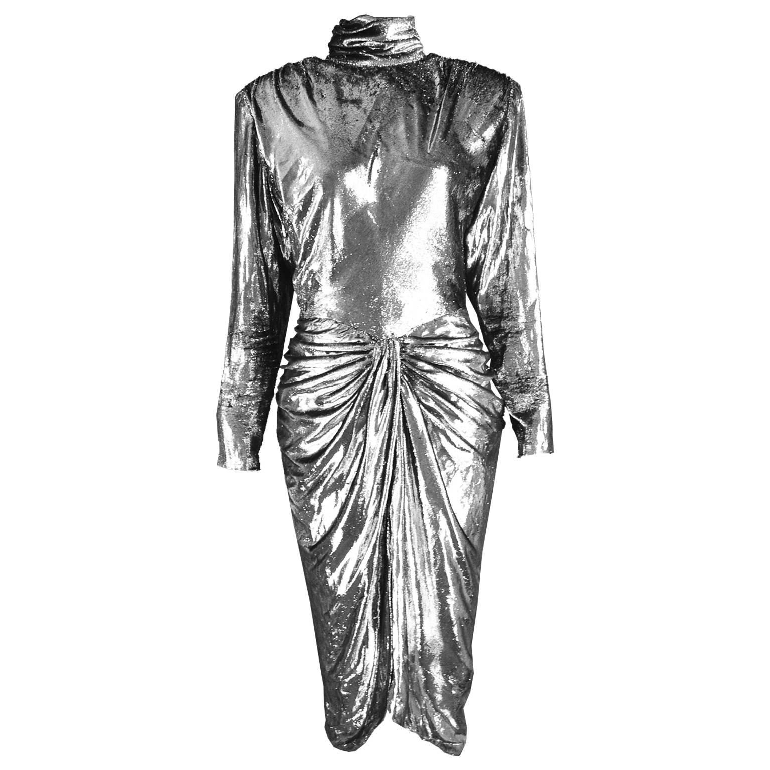 Vicky Tiel Silver Lamé Velvet Vintage Draped Evening Dress, 1980s