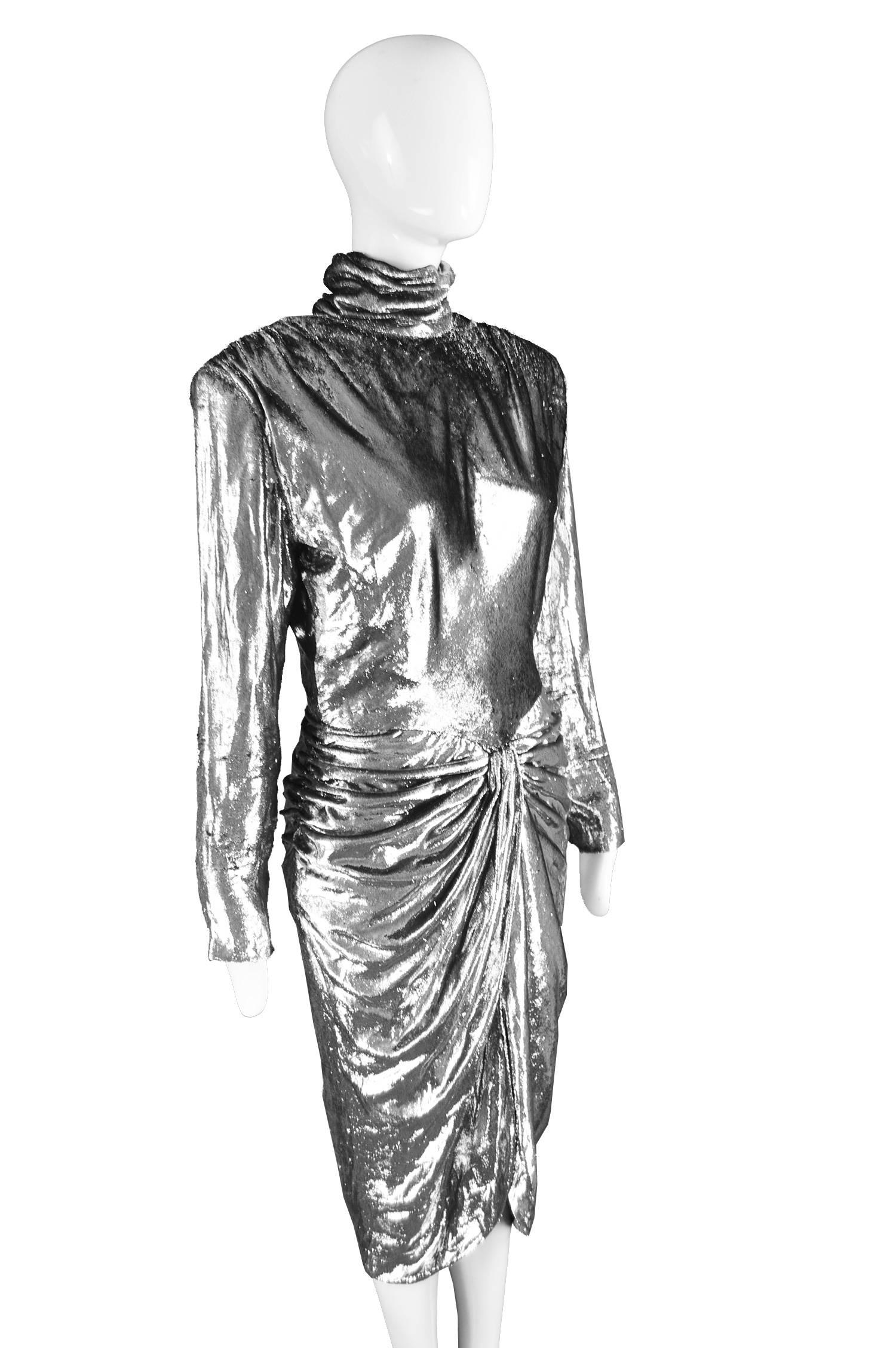 Vicky Tiel Silver Lamé Velvet Vintage Draped Evening Dress, 1980s In Excellent Condition In Doncaster, South Yorkshire