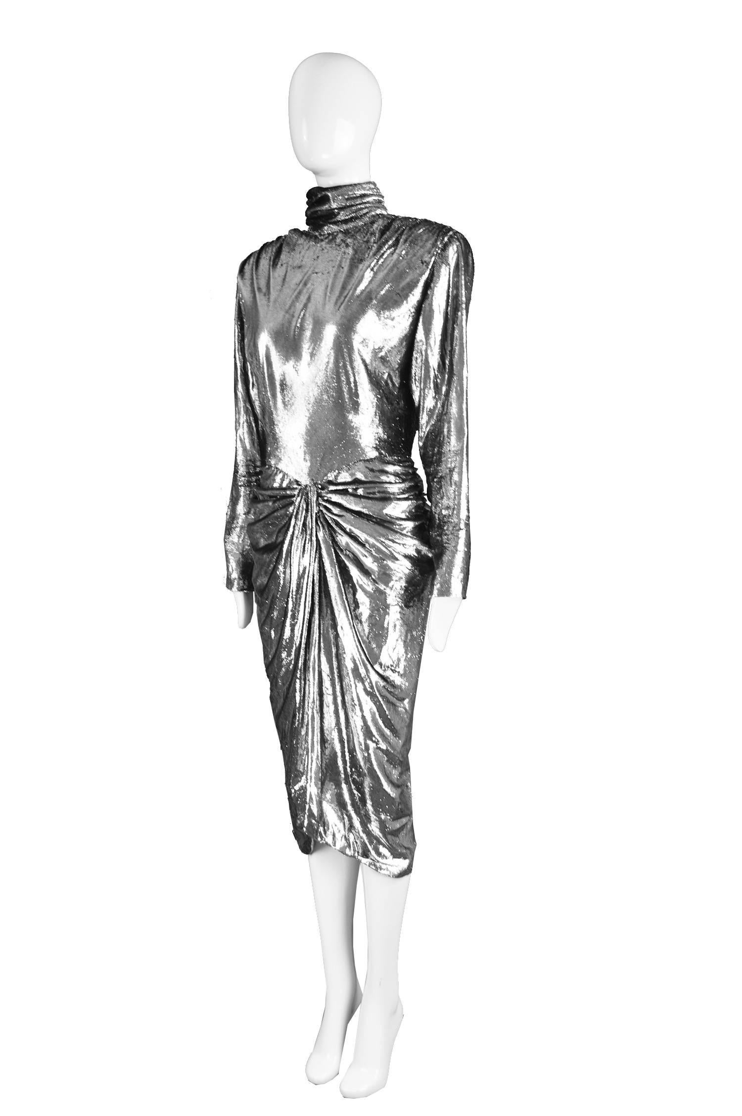 Women's Vicky Tiel Silver Lamé Velvet Vintage Draped Evening Dress, 1980s