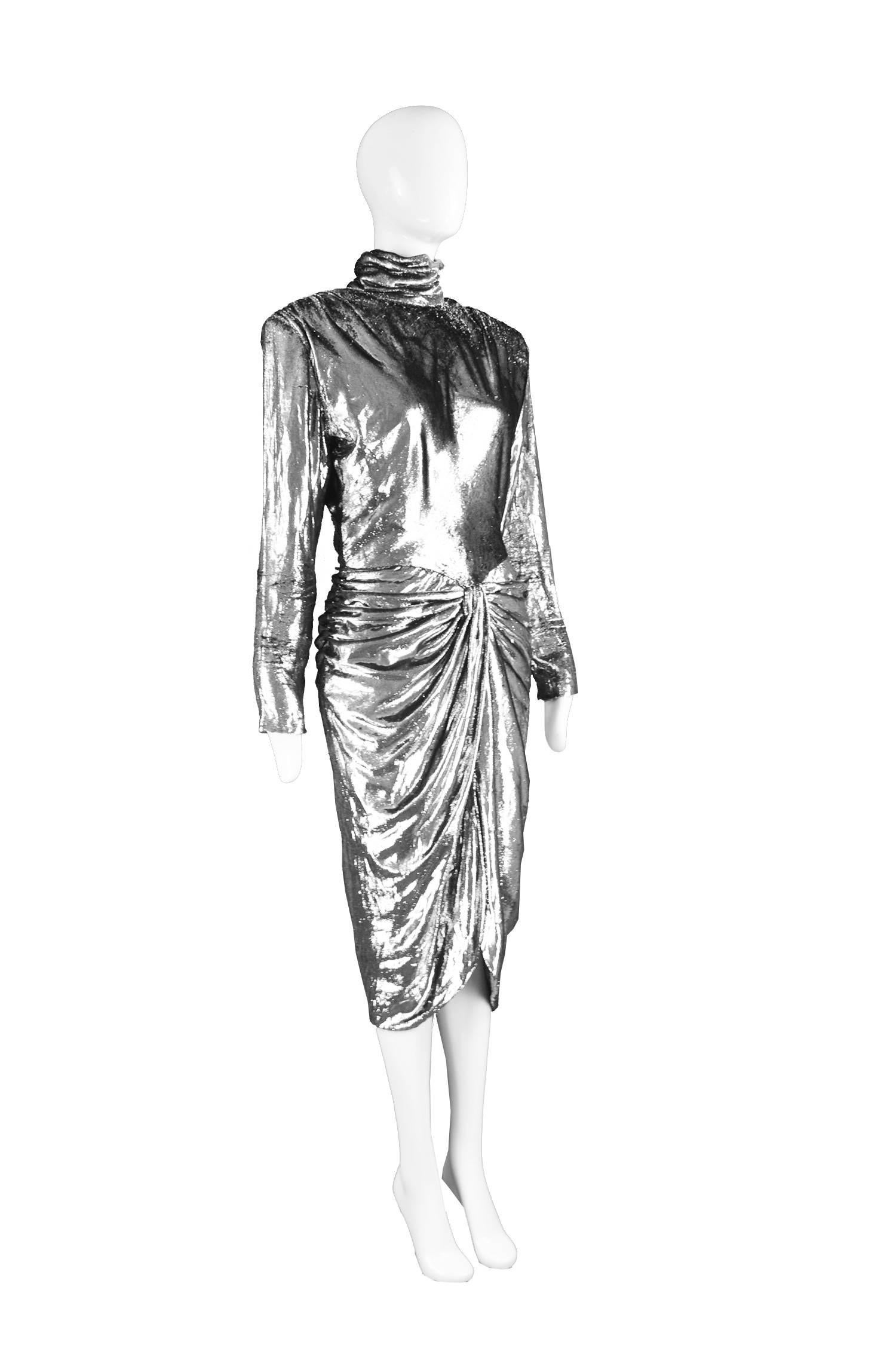 Vicky Tiel Silver Lamé Velvet Vintage Draped Evening Dress, 1980s 1