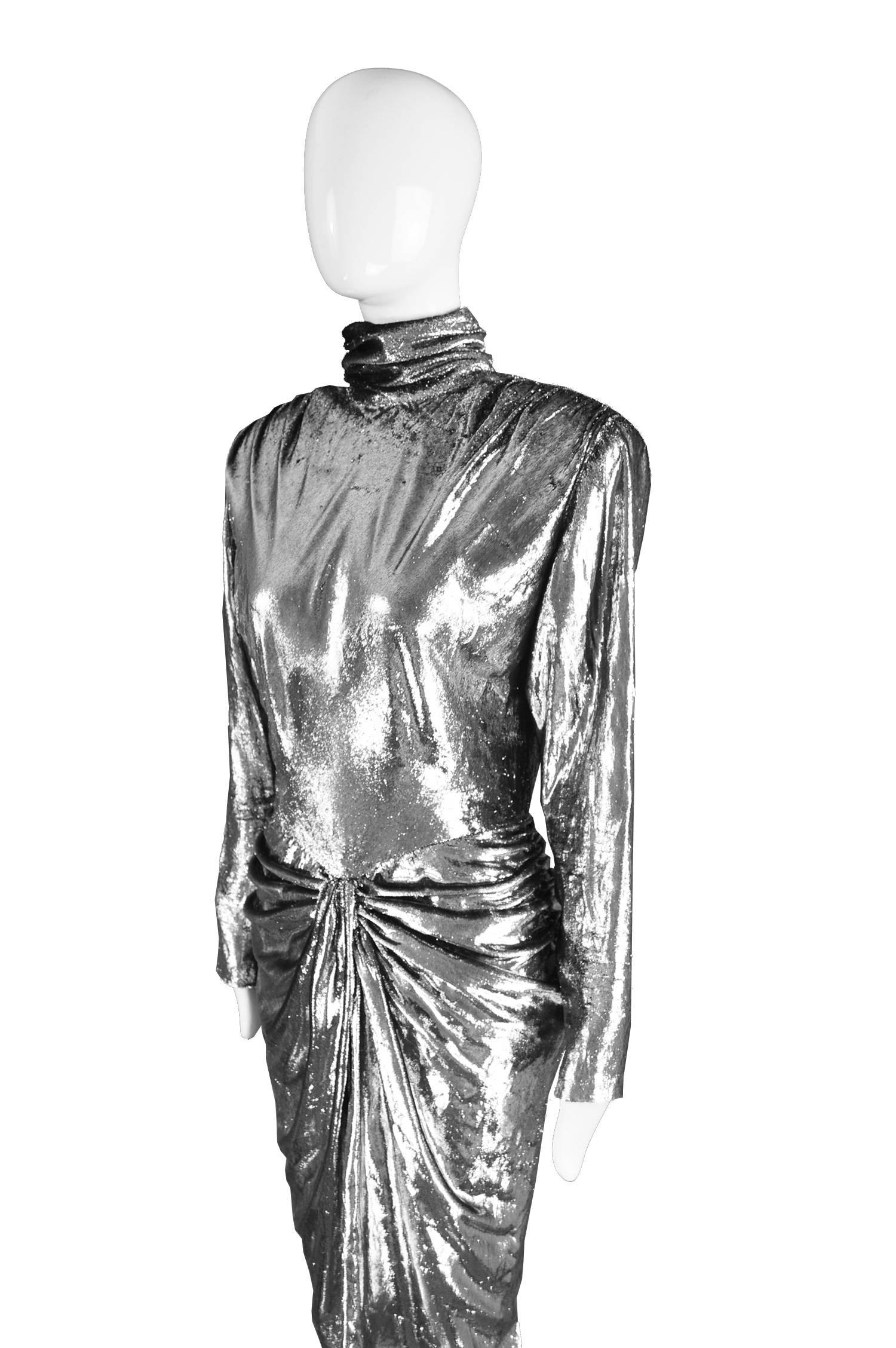 Vicky Tiel Silver Lamé Velvet Vintage Draped Evening Dress, 1980s 2