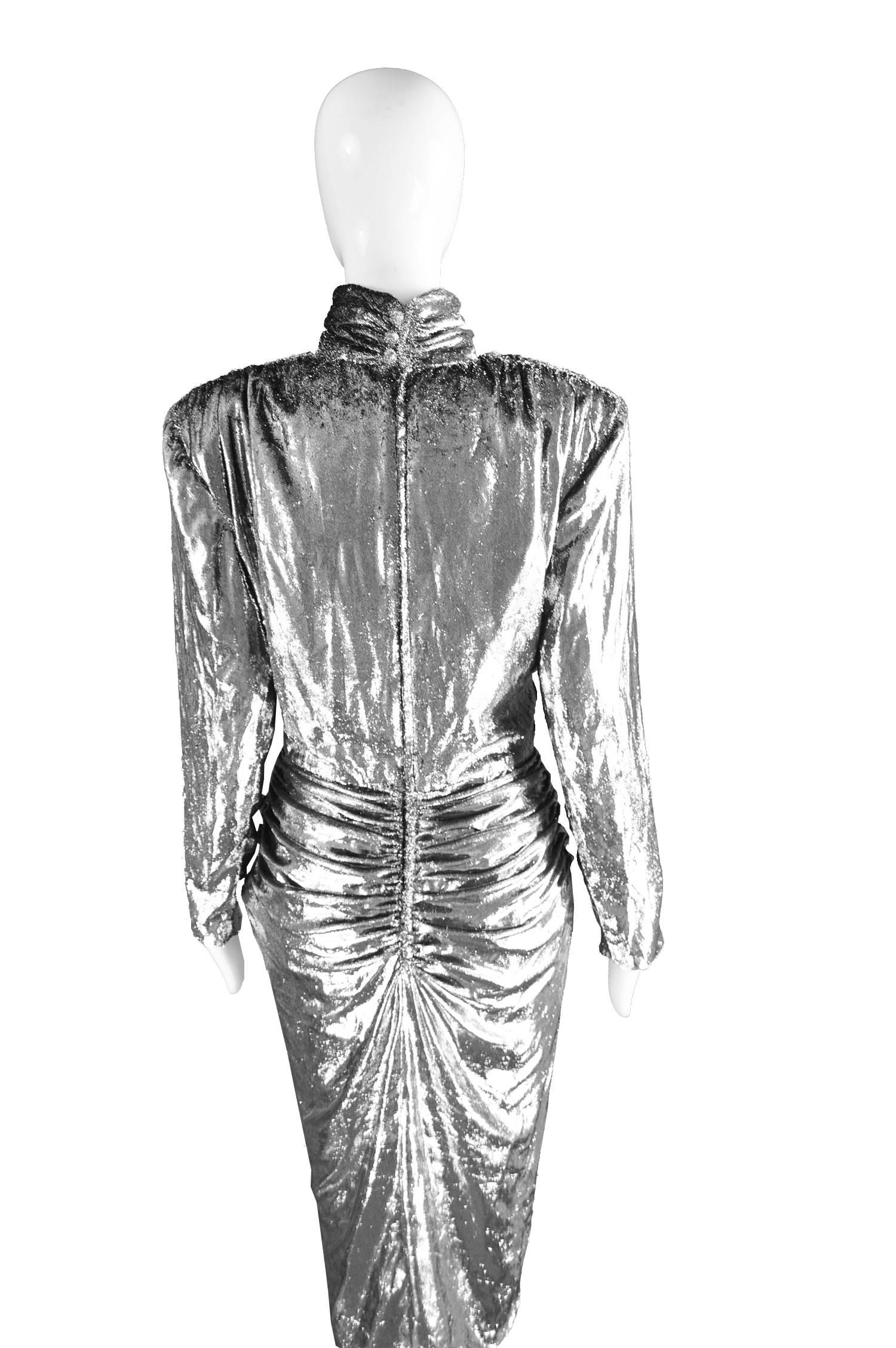 Vicky Tiel Silver Lamé Velvet Vintage Draped Evening Dress, 1980s 4
