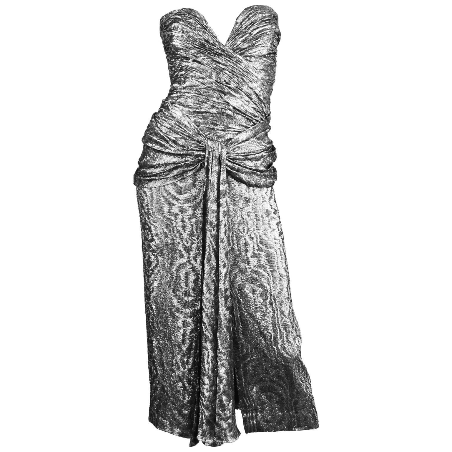 Vicky Tiel Silver Lamé Ruched Party Dress, 1980s