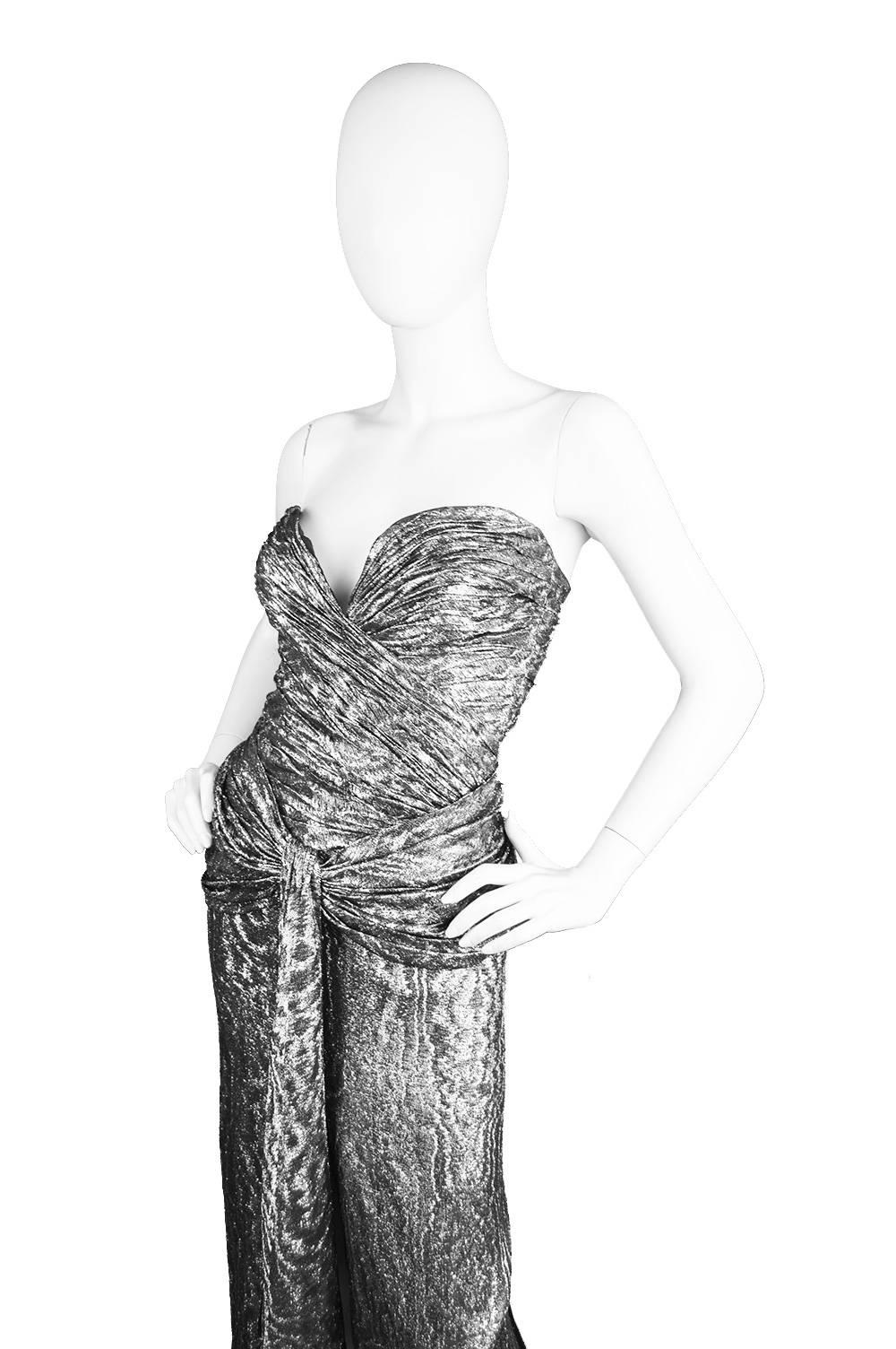 Women's Vicky Tiel Silver Lamé Ruched Party Dress, 1980s