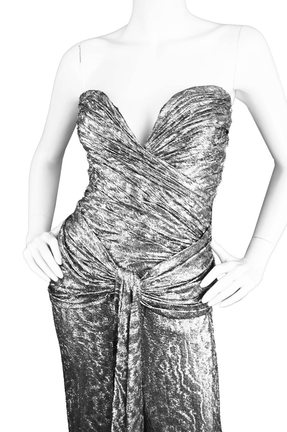 Vicky Tiel Silver Lamé Ruched Party Dress, 1980s 1