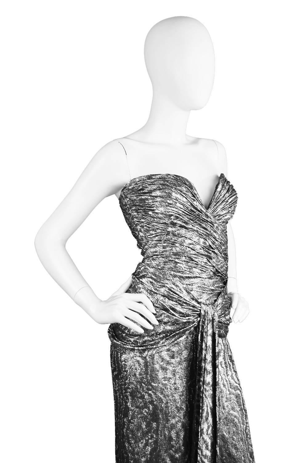 Vicky Tiel Silver Lamé Ruched Party Dress, 1980s 2
