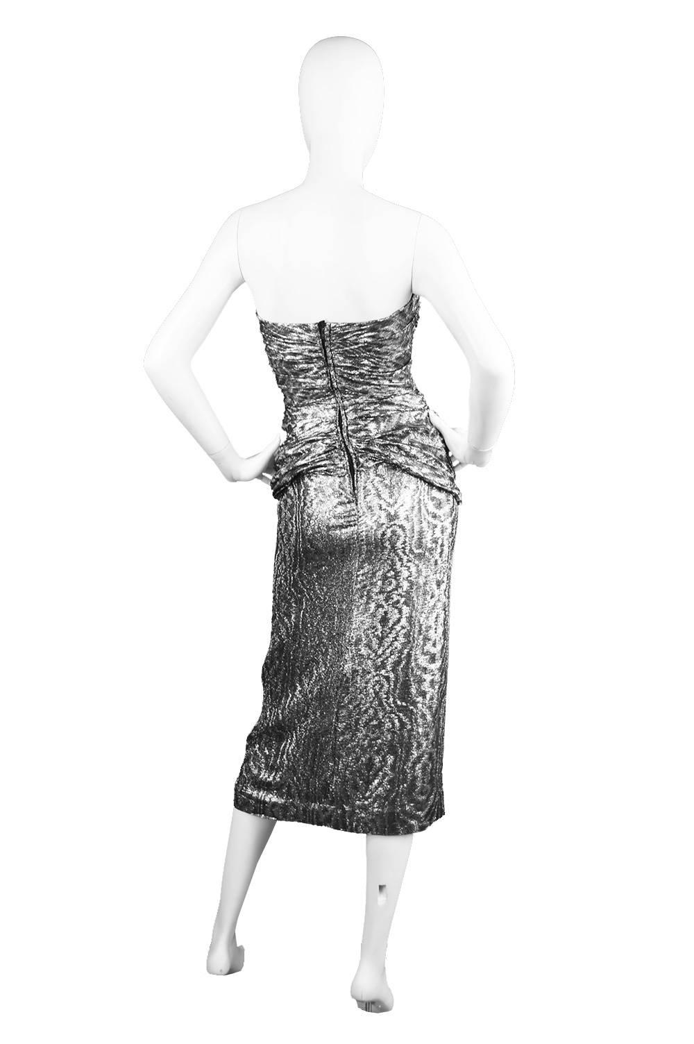 Vicky Tiel Silver Lamé Ruched Party Dress, 1980s 4