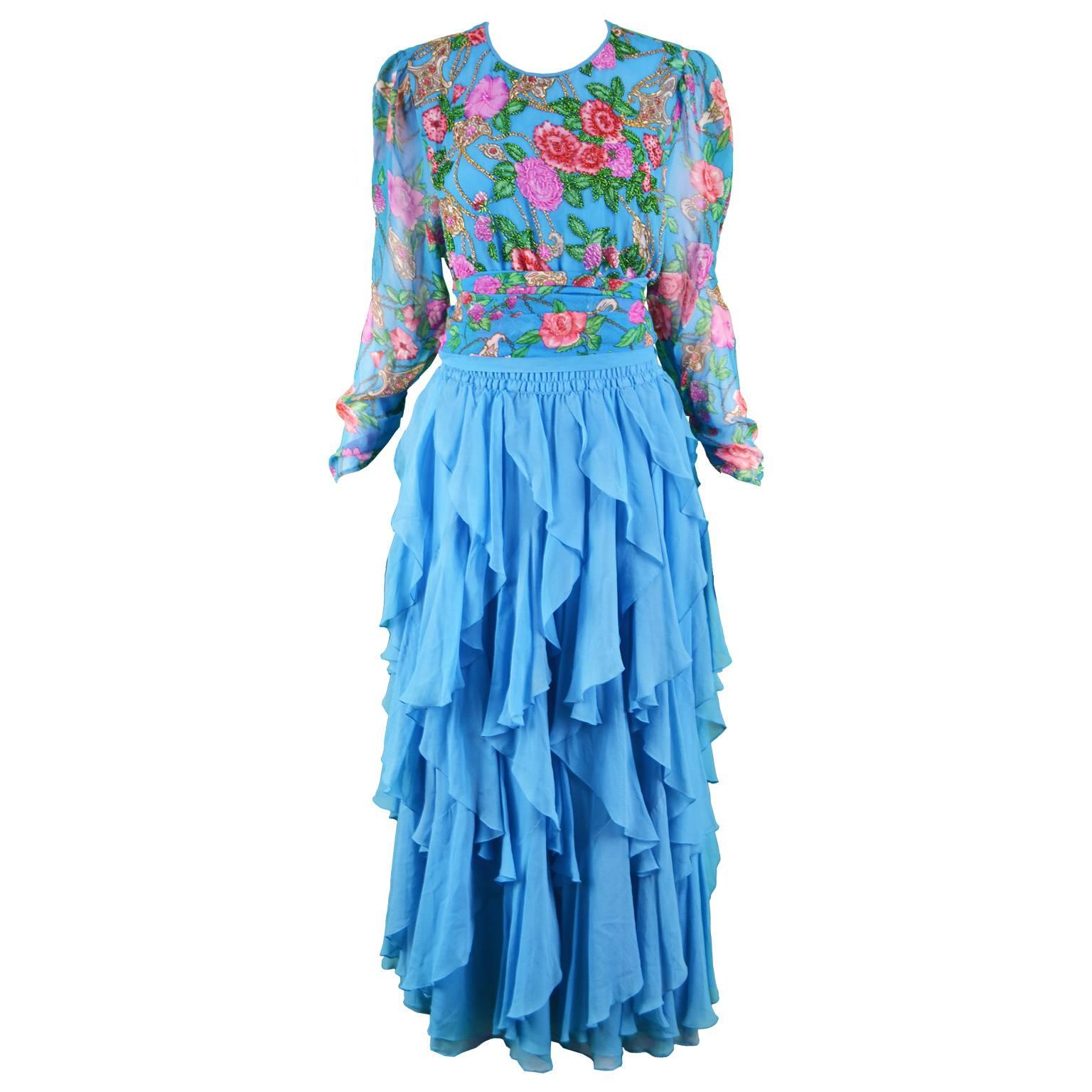 Diane Freis Vintage 1980's Beaded Blue Ruffle Silk Floral Georgette Dress