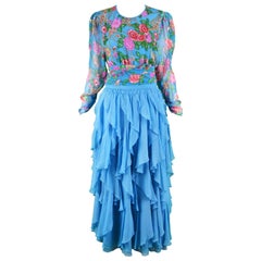 Diane Freis Retro 1980's Beaded Blue Ruffle Silk Floral Georgette Dress