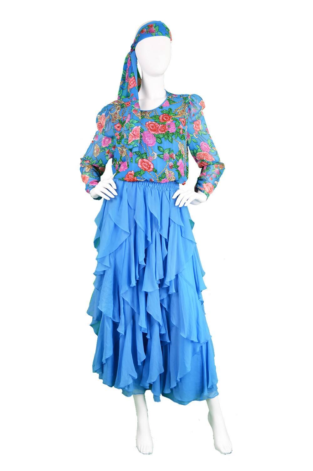 Diane Freis Vintage 1980's Beaded Blue Ruffle Silk Floral Georgette Dress In Good Condition In Doncaster, South Yorkshire