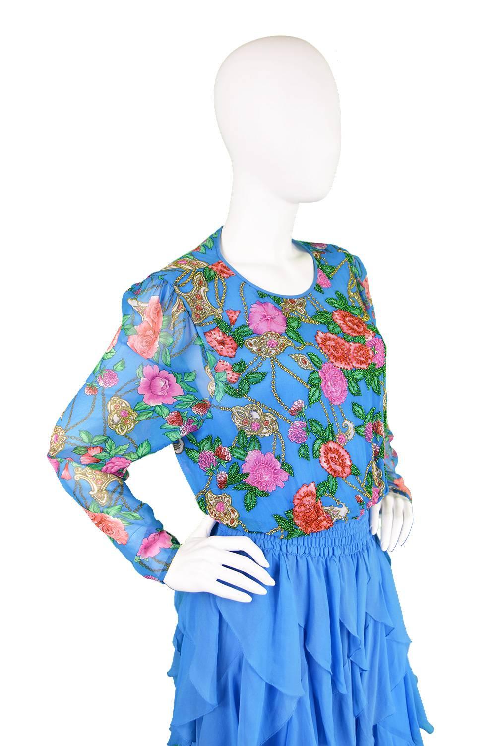 Diane Freis Vintage 1980's Beaded Blue Ruffle Silk Floral Georgette Dress 1