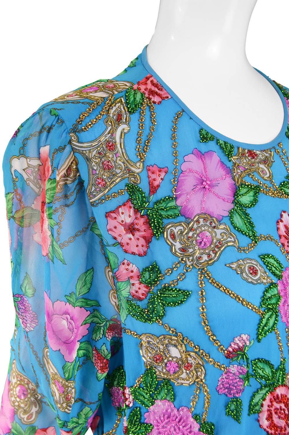 Diane Freis Vintage 1980's Beaded Blue Ruffle Silk Floral Georgette Dress 2