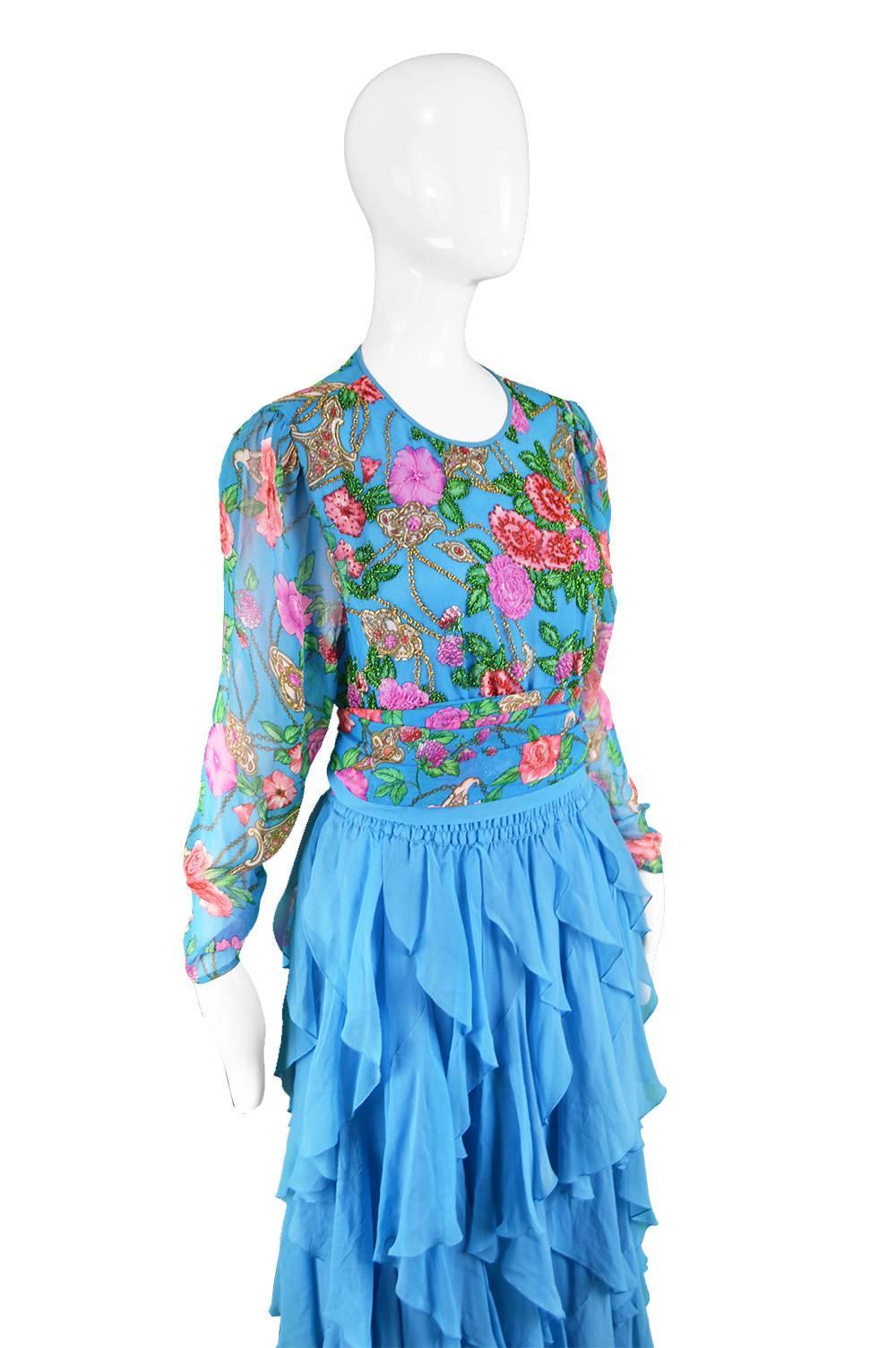 Diane Freis Vintage 1980's Beaded Blue Ruffle Silk Floral Georgette Dress 3