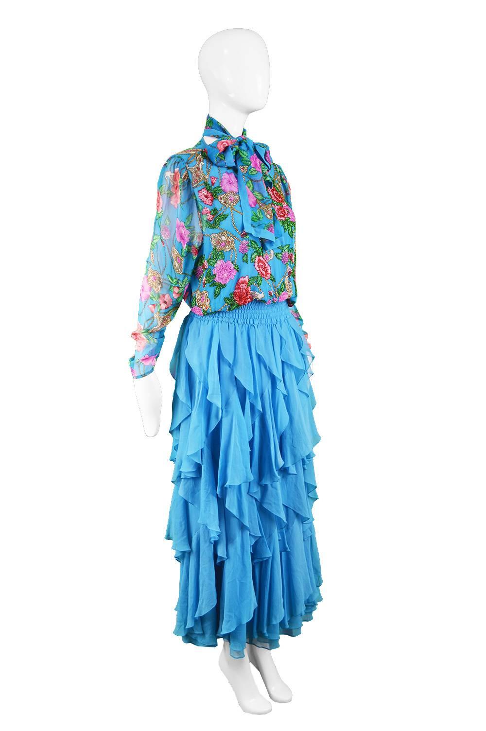 Diane Freis Vintage 1980's Beaded Blue Ruffle Silk Floral Georgette Dress 4