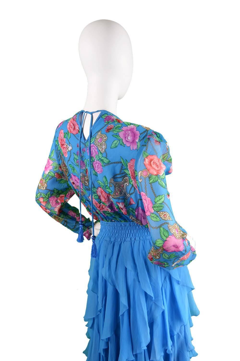 Diane Freis Vintage 1980's Beaded Blue Ruffle Silk Floral Georgette Dress 5