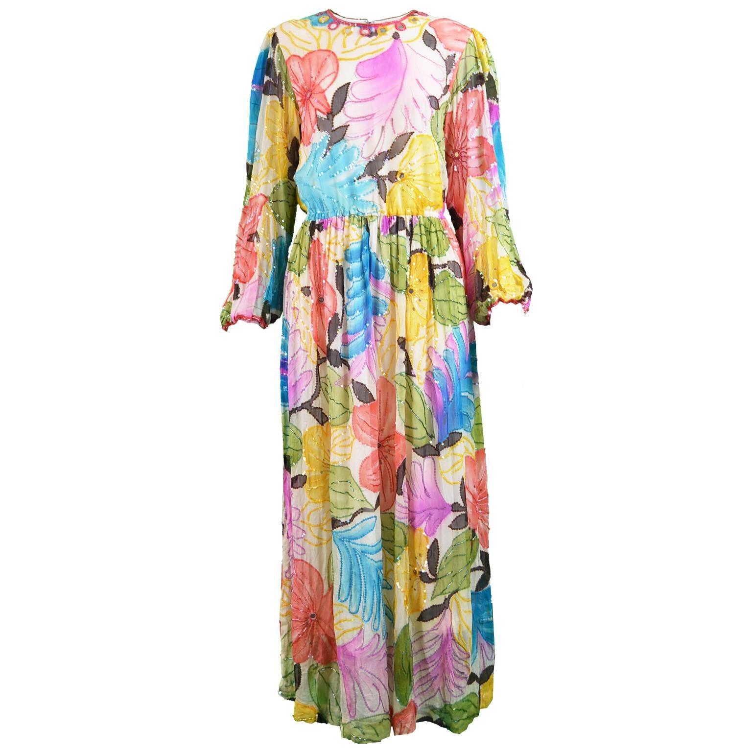 Swee Lo Vintage Pure Watercolour Silk Glass Beaded Dress, 1970s