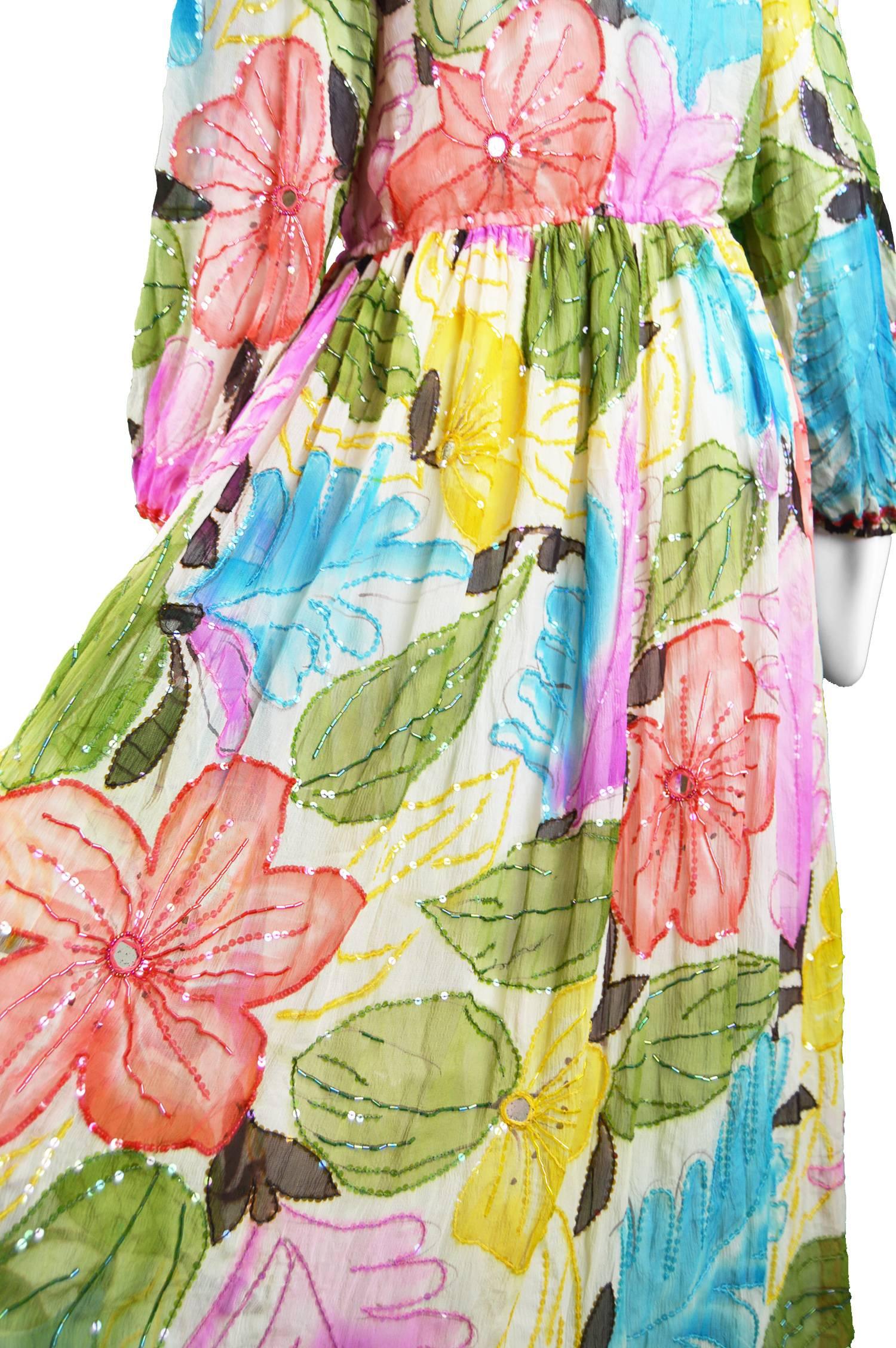 Beige Swee Lo Vintage Pure Watercolour Silk Glass Beaded Dress, 1970s