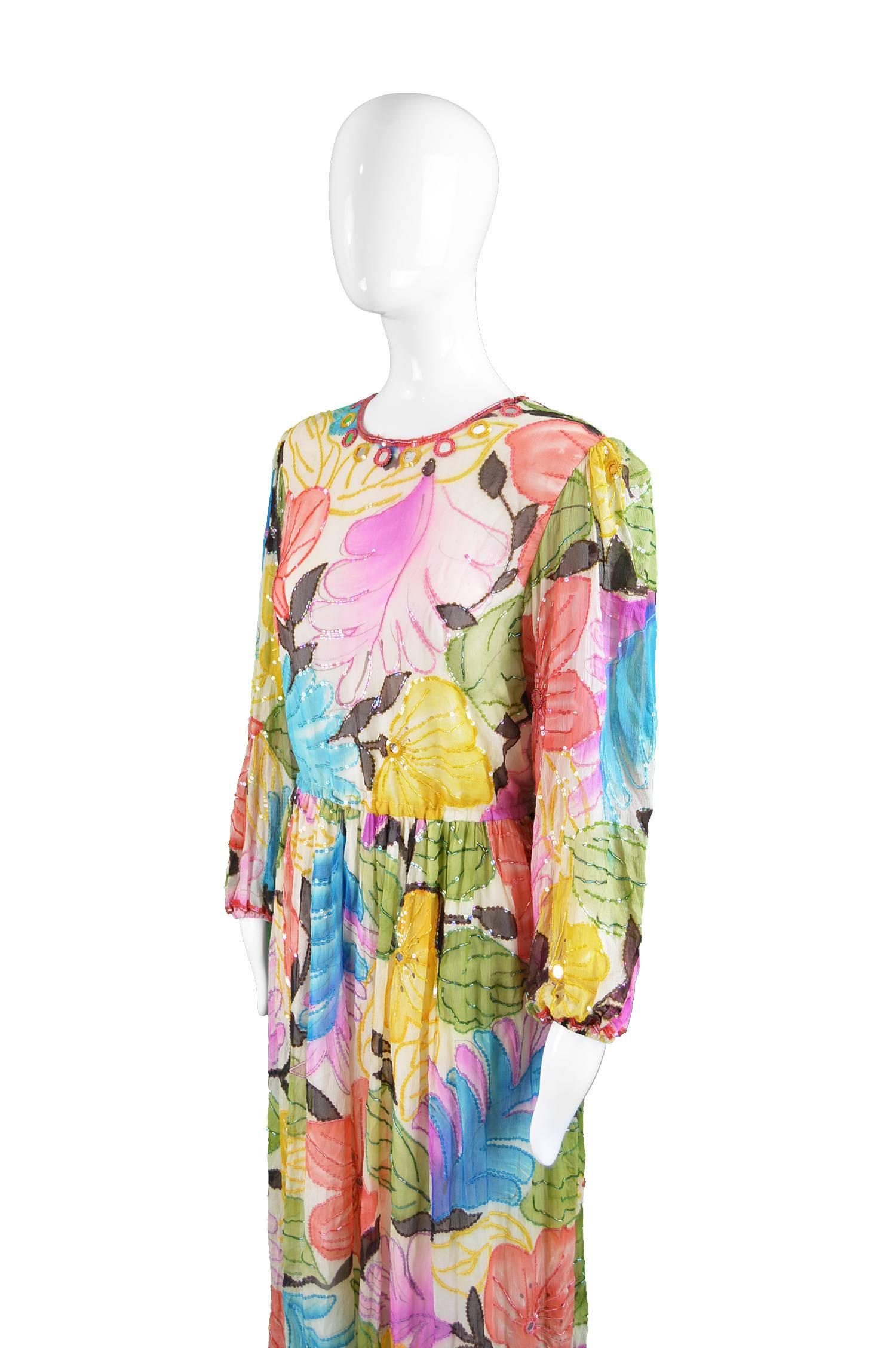 Swee Lo Vintage Pure Watercolour Silk Glass Beaded Dress, 1970s In Excellent Condition In Doncaster, South Yorkshire