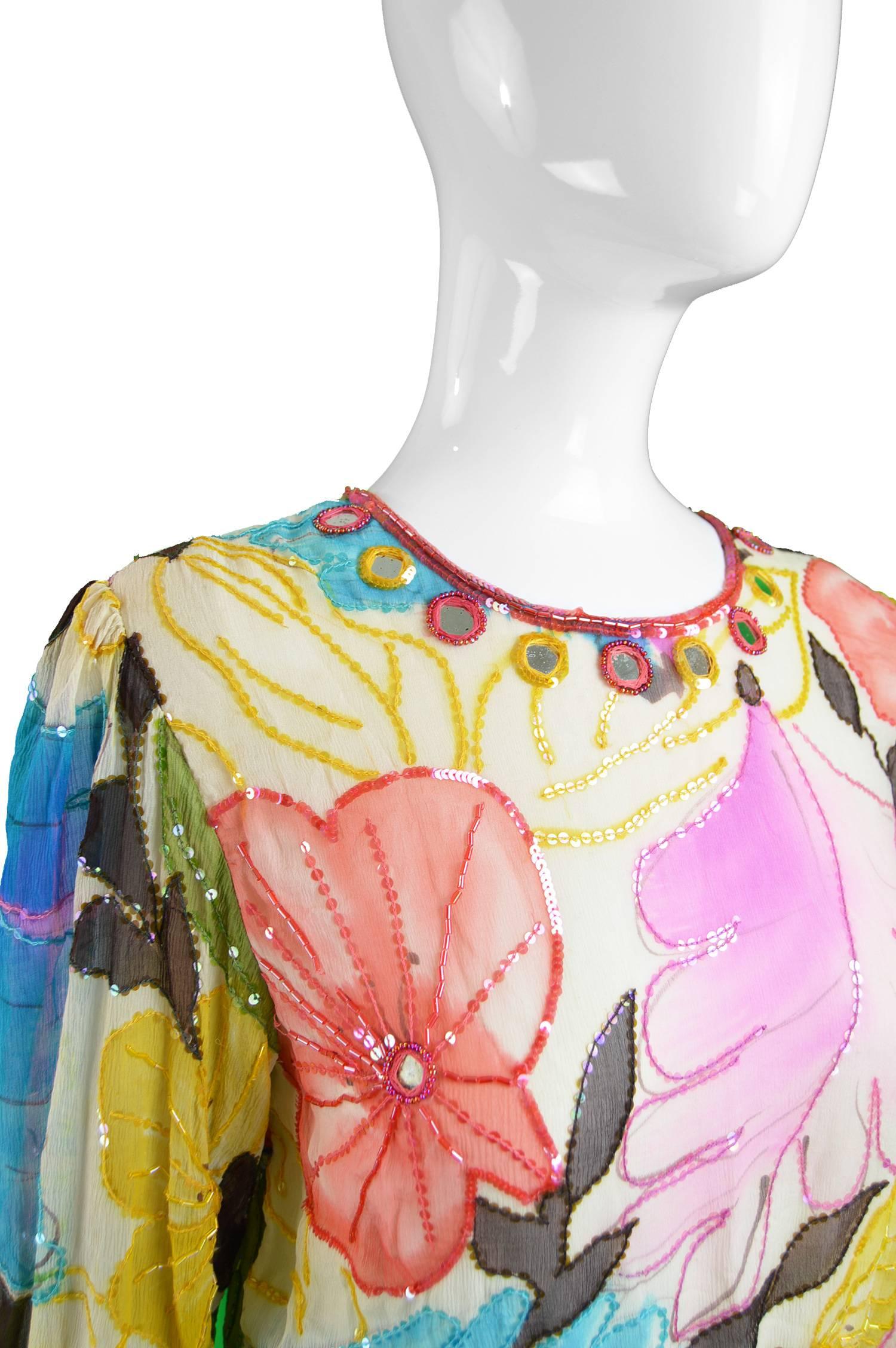 Swee Lo Vintage Pure Watercolour Silk Glass Beaded Dress, 1970s 1
