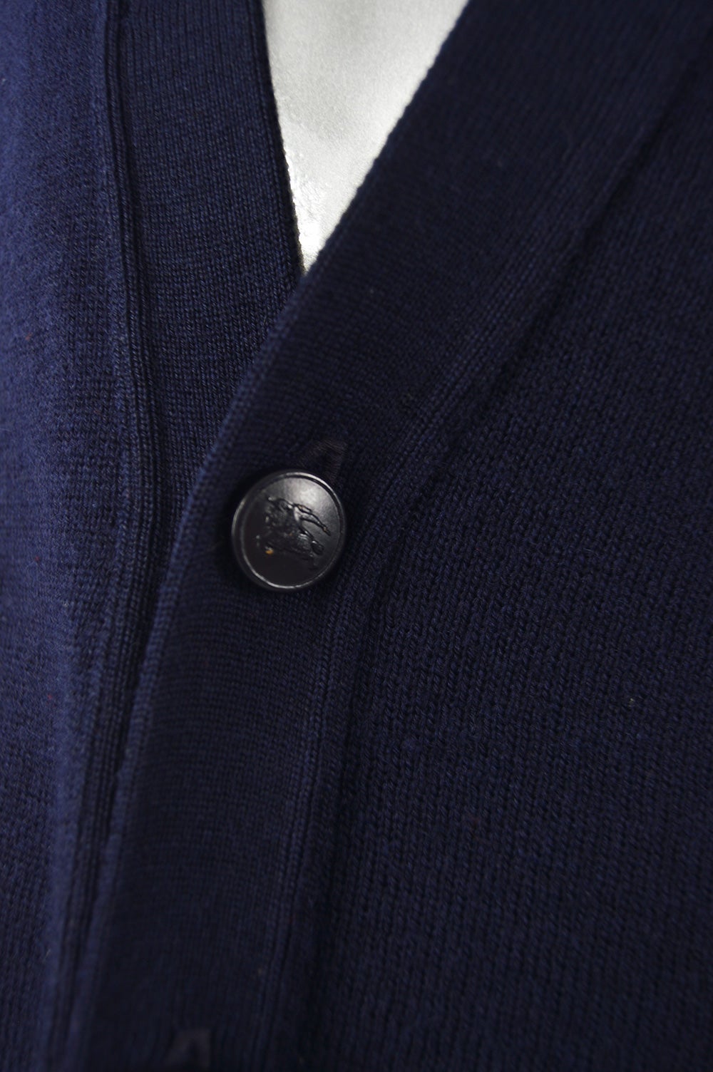 Burberry Vintage Mens Dark Blue Wool & Suede Elbow Patch Cardigan Sweater, 1980s Burberry Vintage Mens Dark Blue Wool & Suede Elbow Patch Cardigan Sweater, 1980s