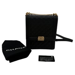 Chanel Black Quilted Caviar North-South Boy Bag with Aged Gold Hardware
