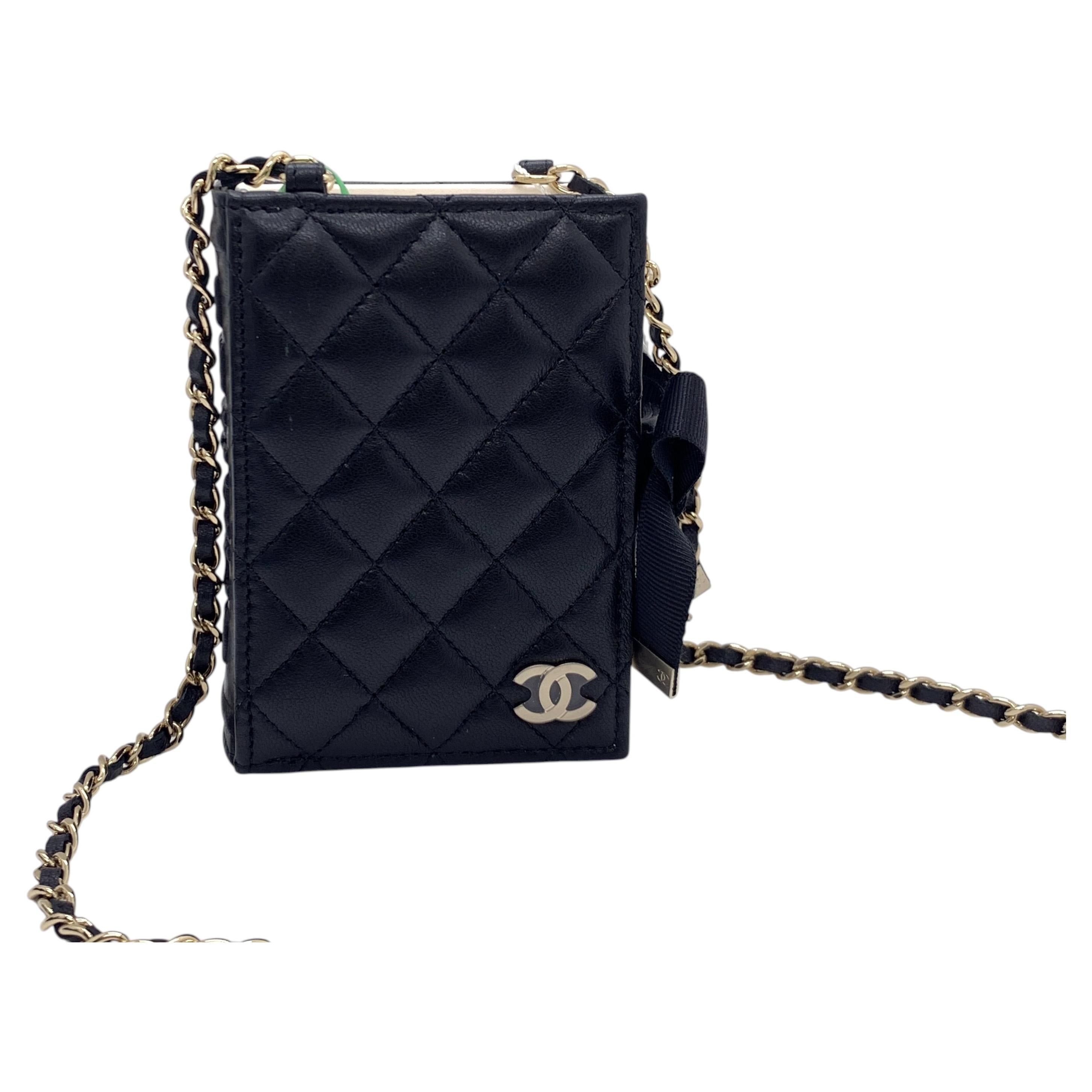 Pre-owned Chanel Black Quilted Lambskin Mini Book Card Holder On Chain Gold Hardware
