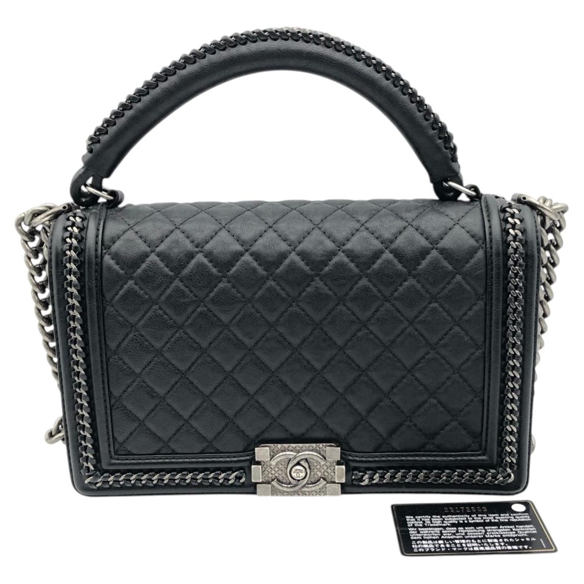Chanel Contemporary Black Quilted Leather Chain Around Top Handle Bag For Sale