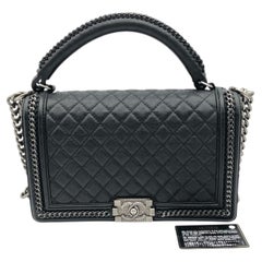 Chanel Chain Around Top Handle Boy Bag Black Quilted Leather Flap Card RHW