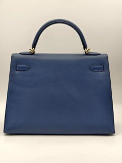 Hermes Kelly 32 Blue Epsom Leather Gold Tone HW Top Handle Bag 2017