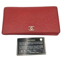 Chanel Camellia Red Lambskin Long Flap Wallet Silver CC Logo Purse