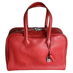 Hermes Victoria 35 Red Leather Silver Hardware Gym Bag 2013