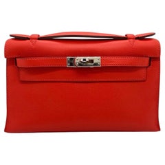 HERMES Mini Kelly Pochette Leather Red Silver Palladium Hardware PHW 2015