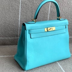 Hermes Kelly 28 Turquoise Leather Gold HW GHW Shoulder Bag 2015