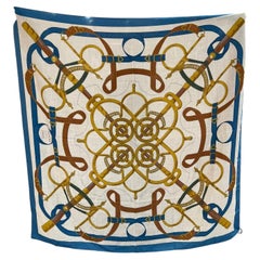 HERMES Eperon d'Or Cashmere Silk Shawl 140 Bleu Cobalt Naturel Gold
