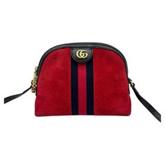 Gucci Ophidia Kleine Schultertasche aus Wildleder, rot-schwarz, mit Leder-Web-GG-Muster