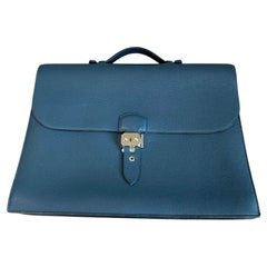 Hermes Sac a Depeches Leather Briefcase Business Bag Blue 2012