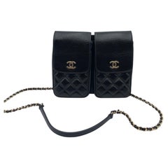 Chanel Double Pocket Flap Crossbody Bag Quilted Calfskin Black Gold