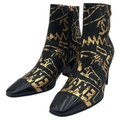 CHANEL Paris-New York Graffiti Ankle Boots Black Gold Leather CC Shoes Size 36.5
