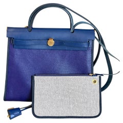 HERMES Herbag Zip 31 Canvas Leather Blue Shoulder Bag Handbag Gold Hardware 2021