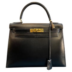 1991 Hermes Vintage Black Box Calf Leather Kelly Sellier 28 Handbag