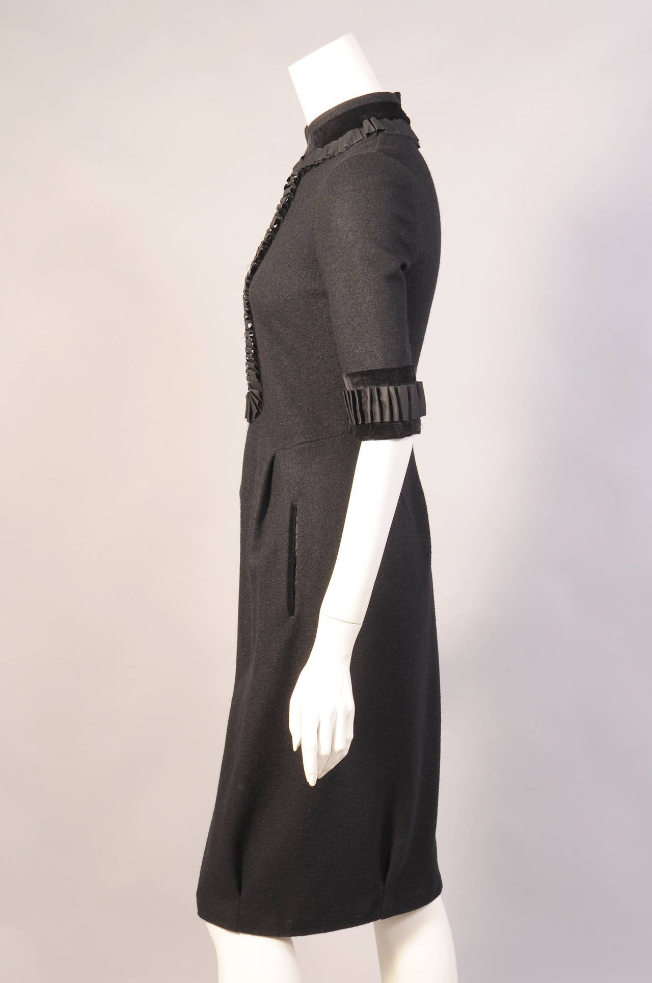 Yves Saint Laurent Ribbon Trimmed Black Wool Dress In Excellent Condition In New Hope, PA